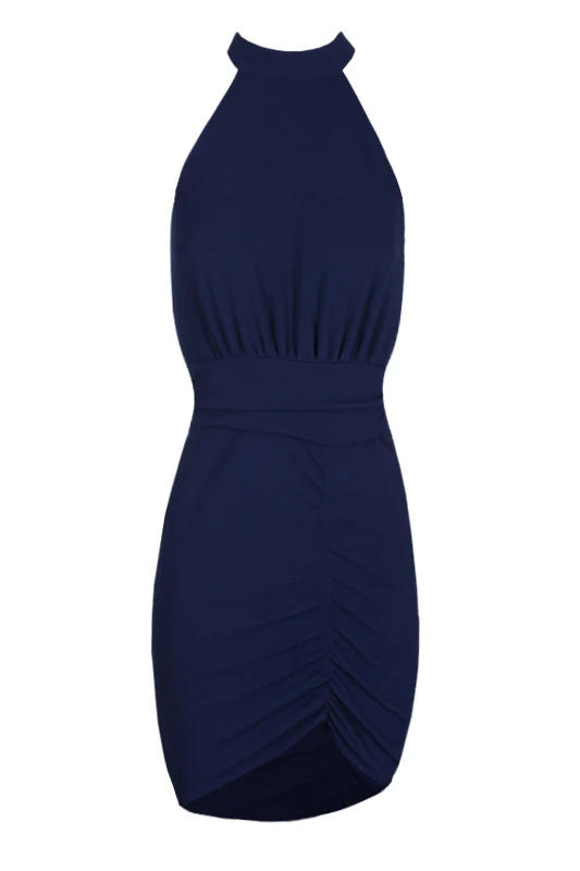 Navy Ruched Backless Choker Neck Dress - Image 4