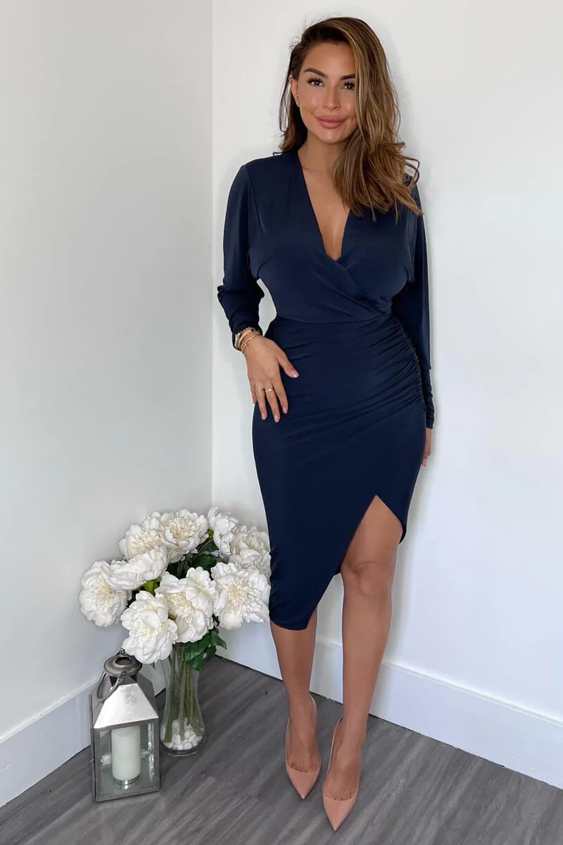 Navy Ruched Side Wrap Top Midi Dress - Image 2