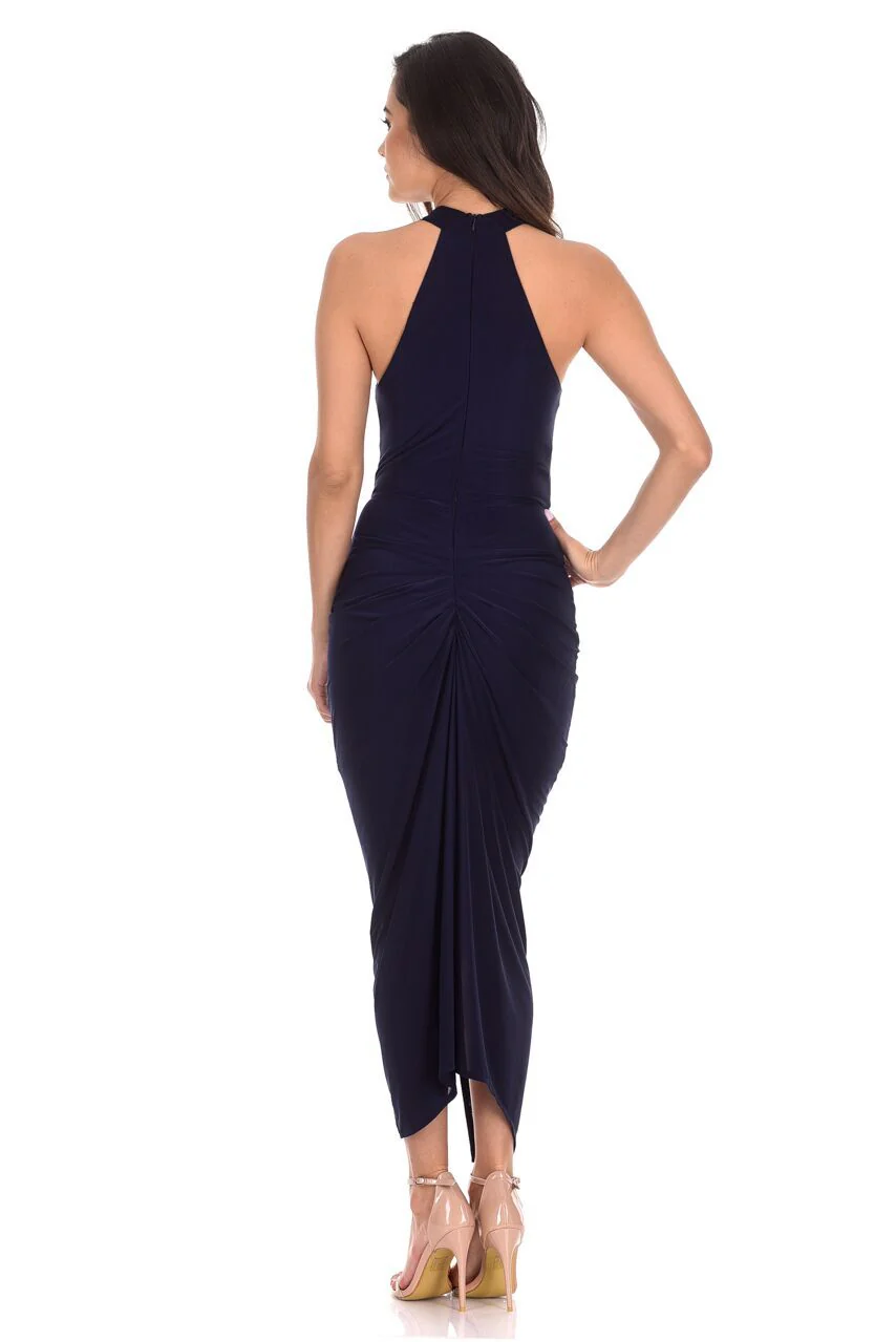Navy Ruched Wrap Over Dress - Image 3