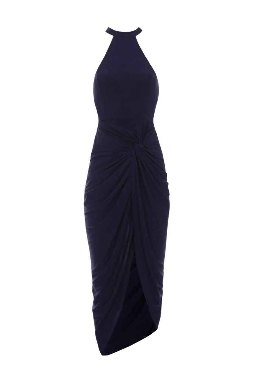 Navy Ruched Wrap Over Dress - Image 4