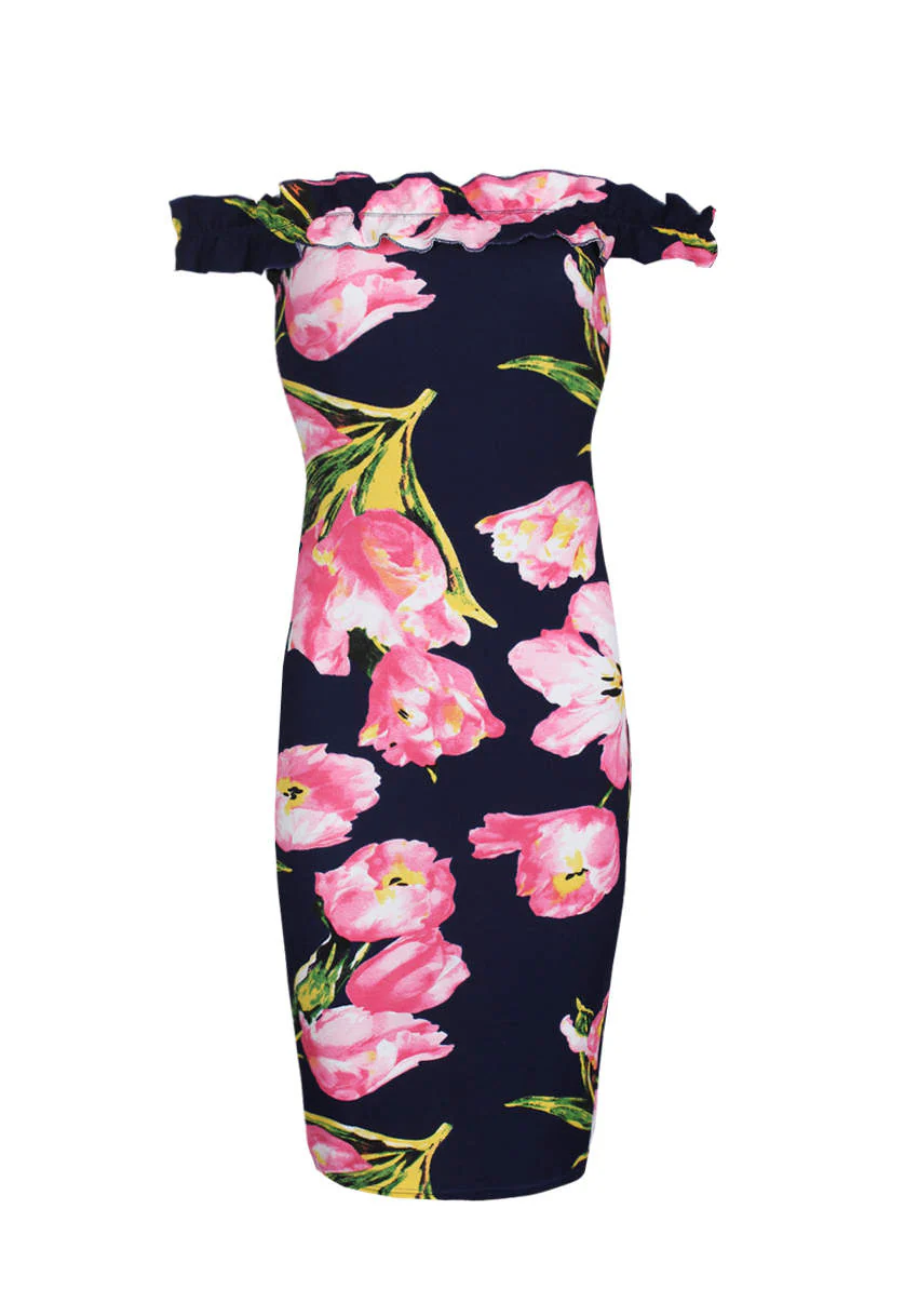 Navy Ruffle Bardot Floral Midi Dress - Image 4