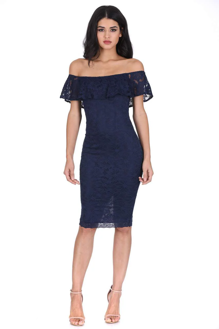 Navy Ruffled Off The Shoulder Lace Midi Dress - Image 2