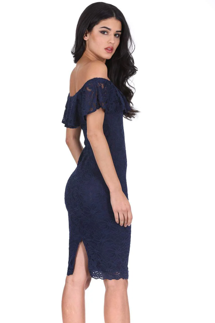 Navy Ruffled Off The Shoulder Lace Midi Dress - Image 3