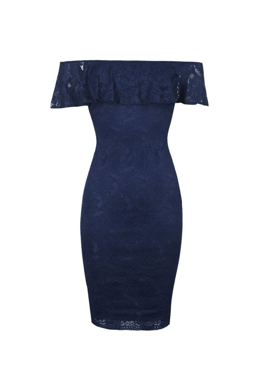 Navy Ruffled Off The Shoulder Lace Midi Dress - Image 4