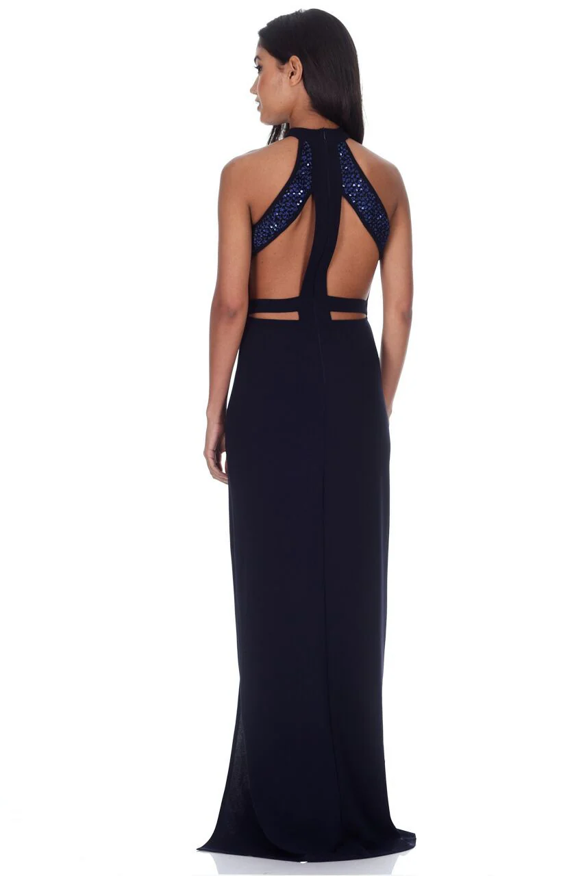 Navy Sequin Panel Detailing Maxi Dress With Thigh Split - Image 3