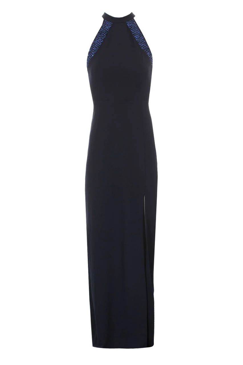 Navy Sequin Panel Detailing Maxi Dress With Thigh Split - Image 4