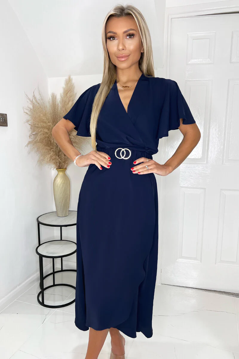 Navy Short Sleeve Belted Wrap Midi Dress - Image 3