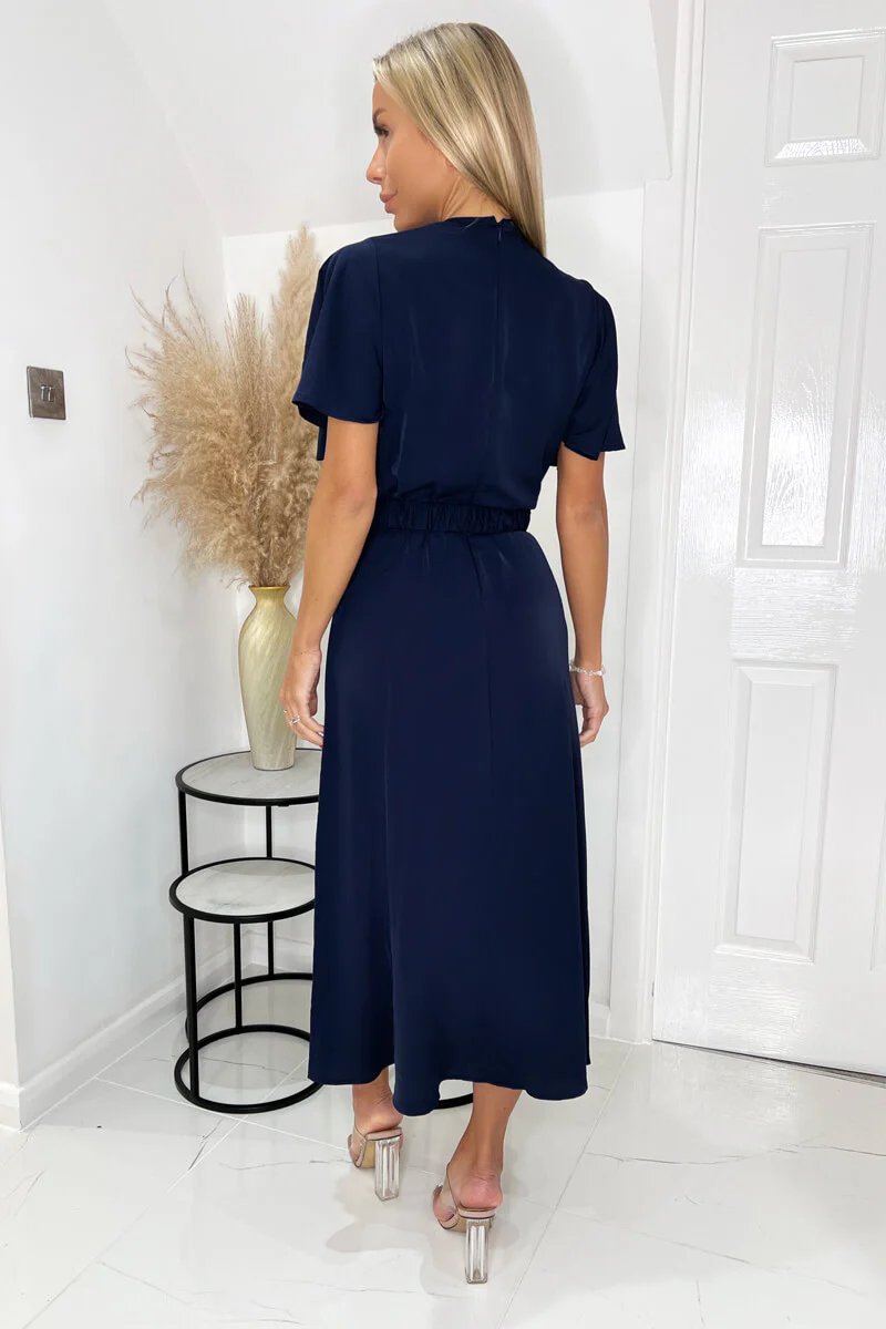Navy Short Sleeve Belted Wrap Midi Dress - Image 4