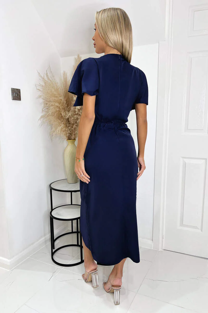 Navy Short Sleeve V Neck Gold Buckle Wrap Midi Dress - Image 3
