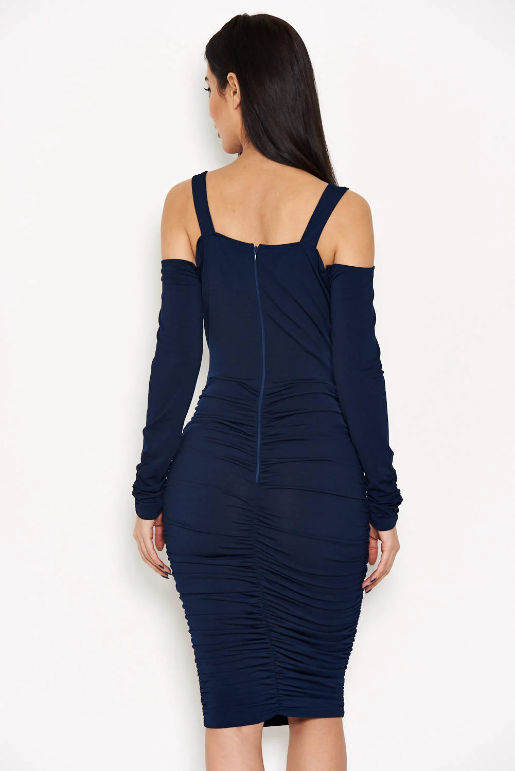 Navy Slinky Ruched Cold Shoulder Dress - Image 3