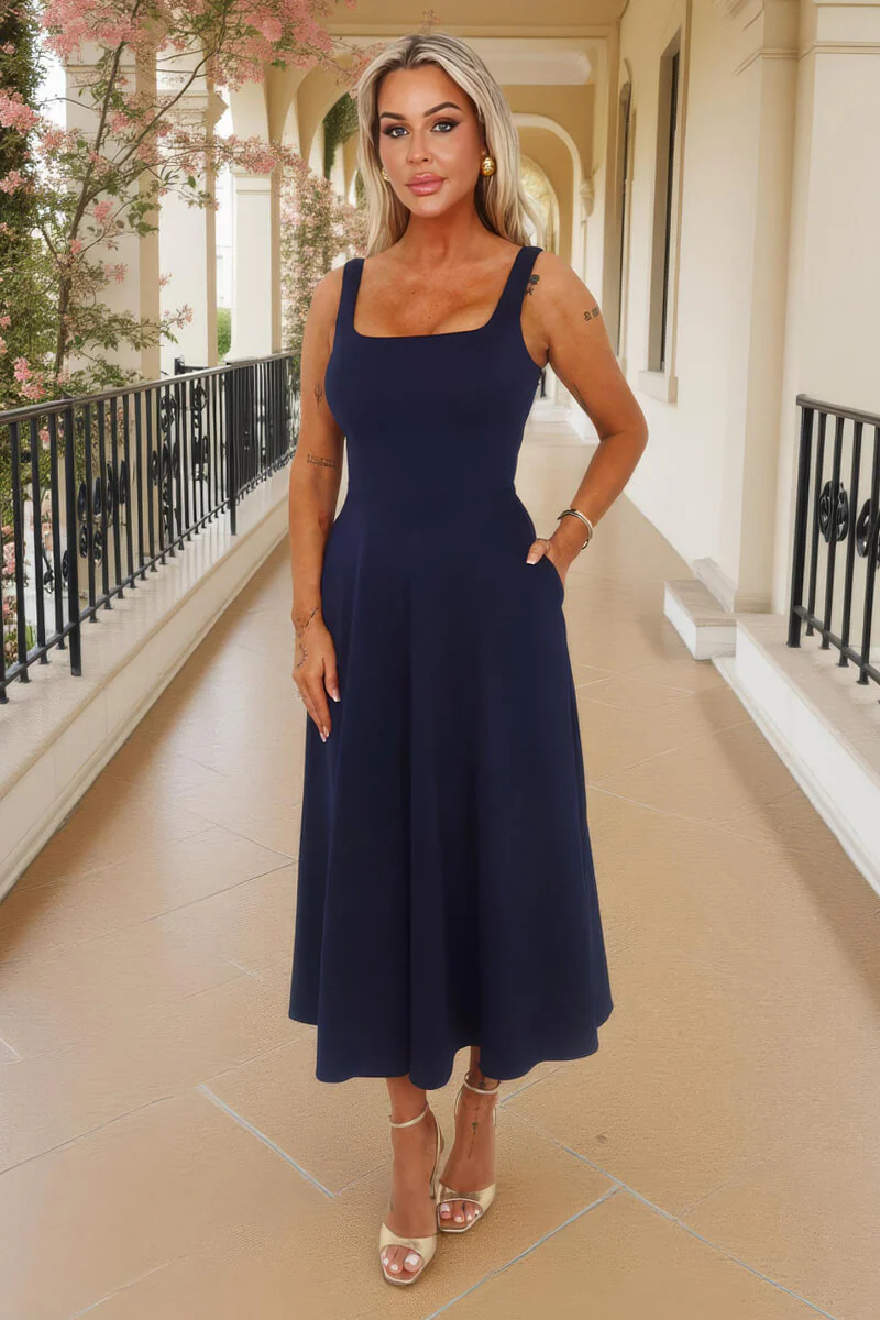 Navy Square Neck A-line Midi Dress - Image 3