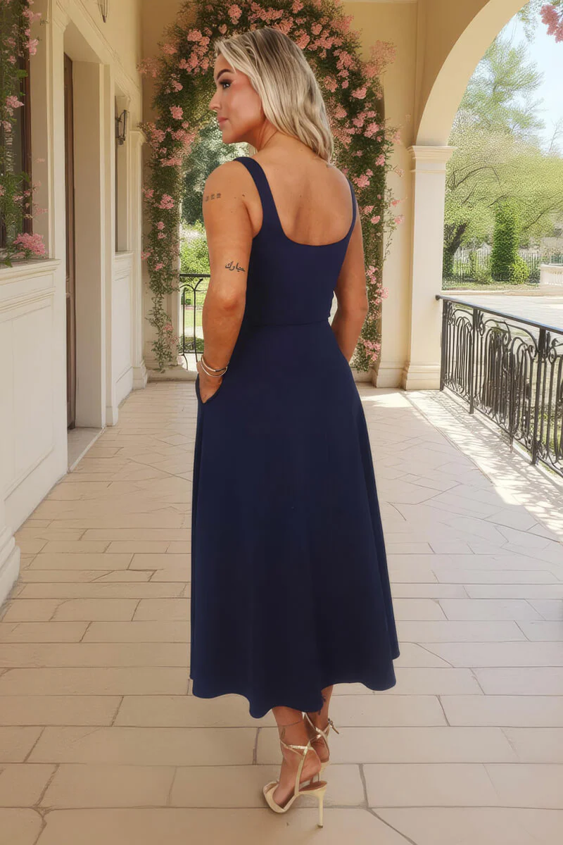 Navy Square Neck A-line Midi Dress - Image 5