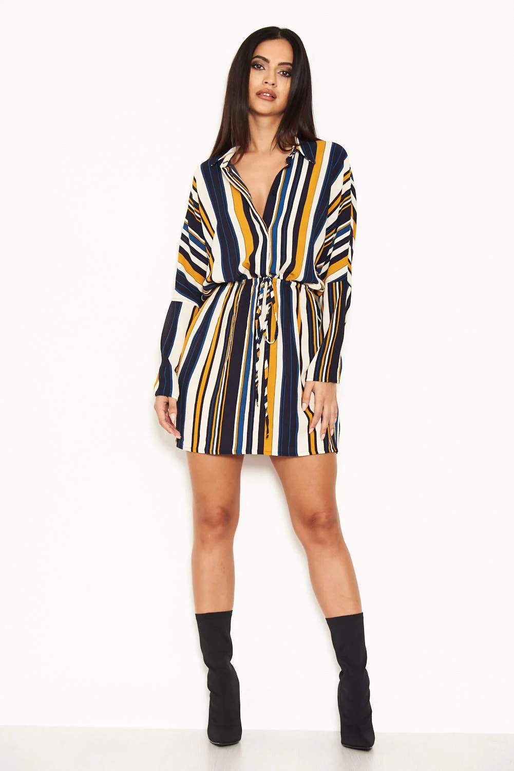 Navy Stripe Waist Tie Shirt Dress - Image 2