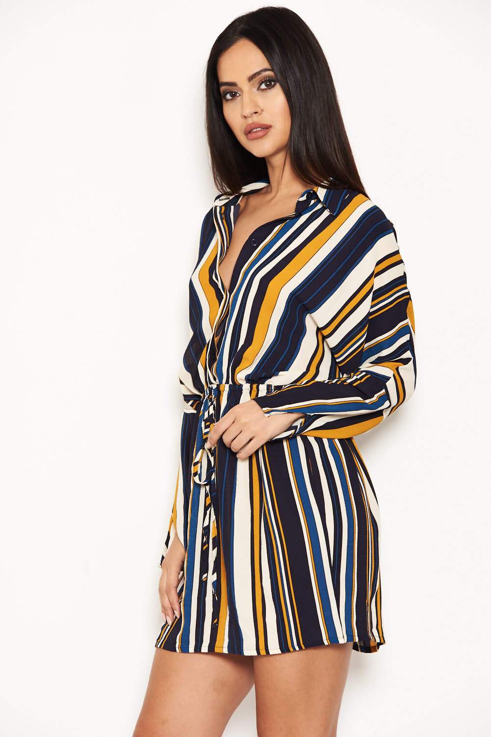 Navy Stripe Waist Tie Shirt Dress - Image 4