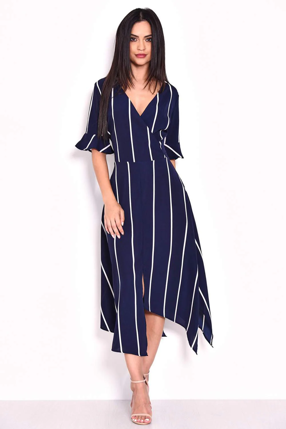 Navy Striped Asymmetric Hem Dress - Image 2