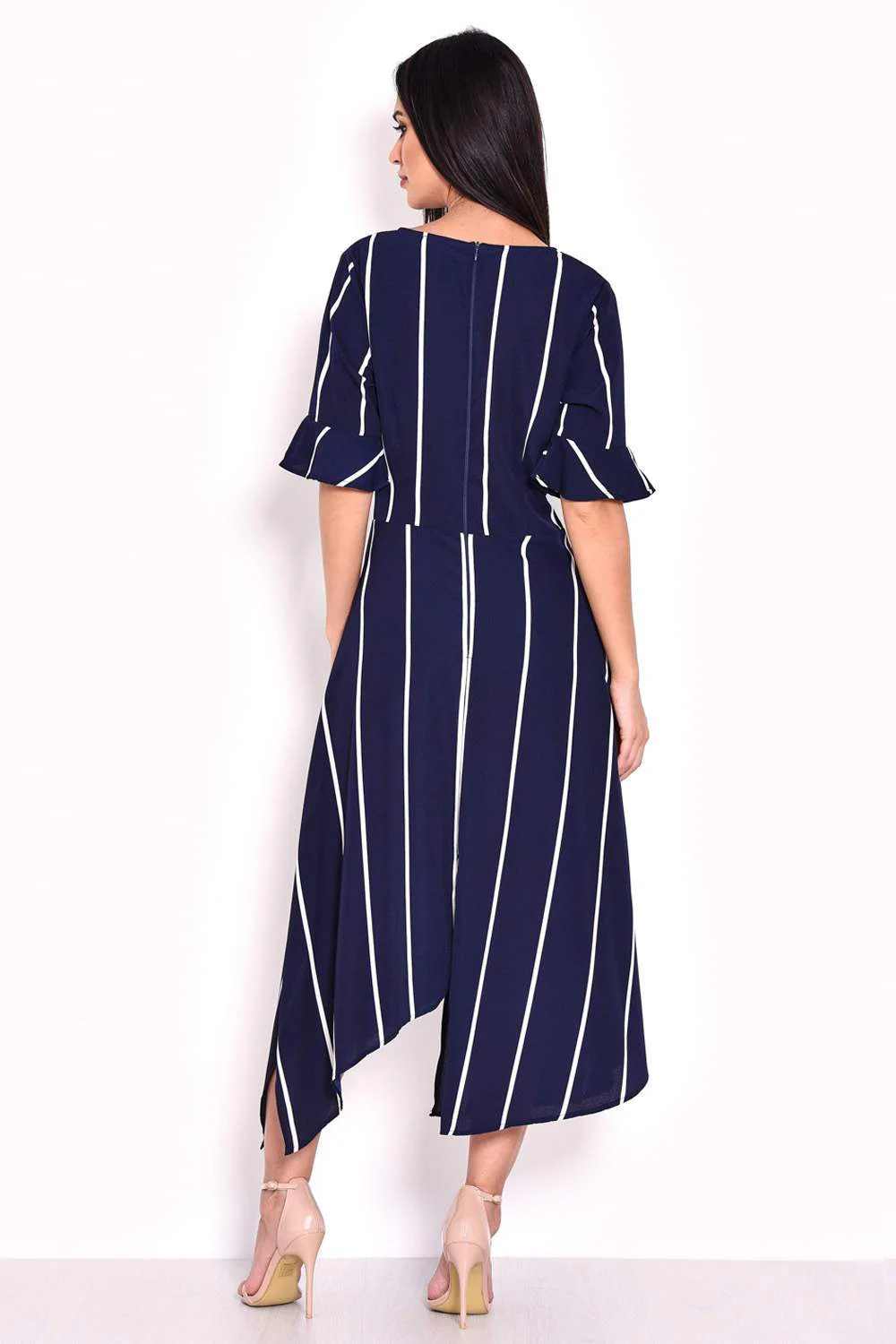 Navy Striped Asymmetric Hem Dress - Image 3