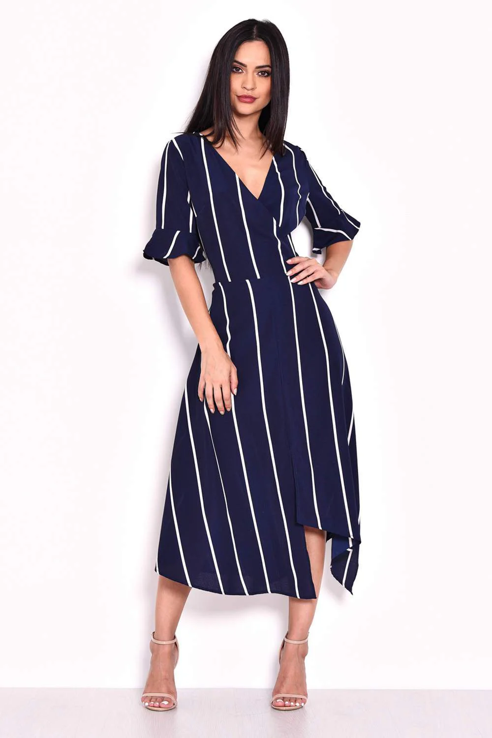 Navy Striped Asymmetric Hem Dress - Image 4