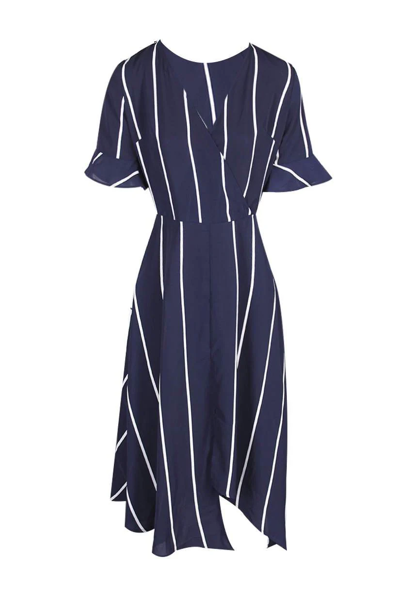 Navy Striped Asymmetric Hem Dress - Image 5