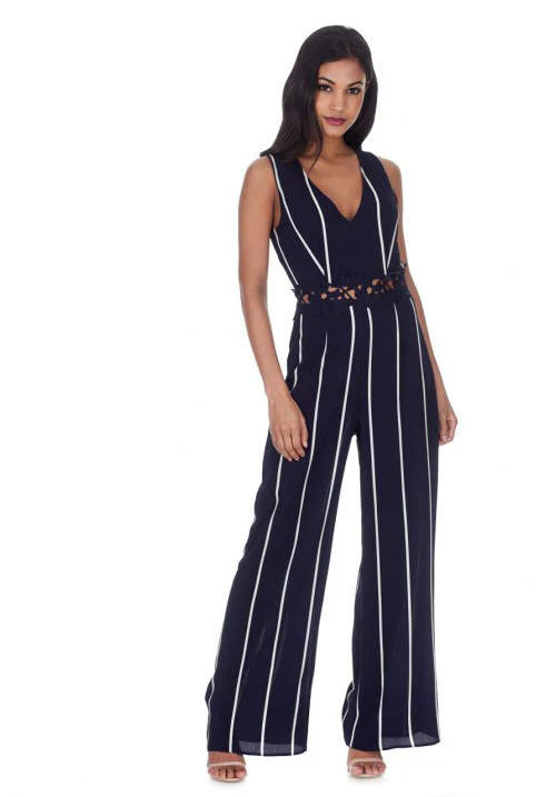 Navy Striped Crochet Detail Flared Leg Jumpsuit - Image 2