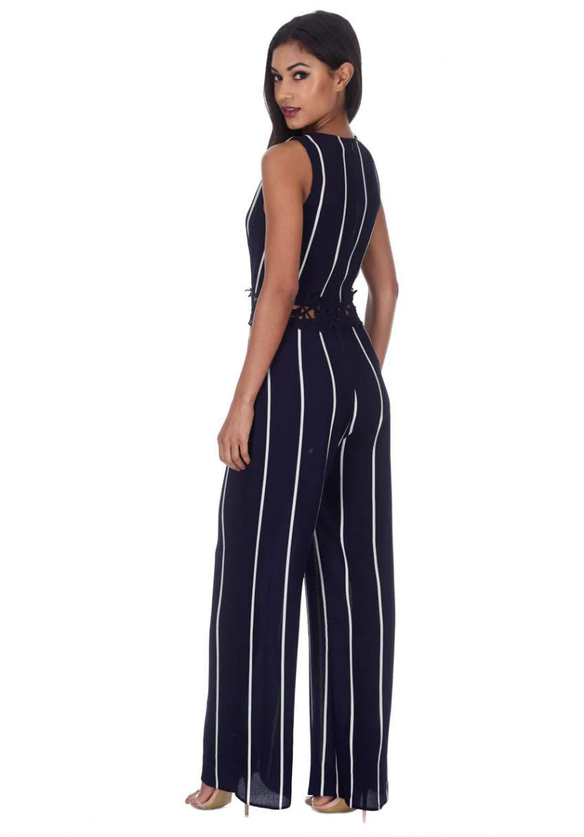 Navy Striped Crochet Detail Flared Leg Jumpsuit - Image 3