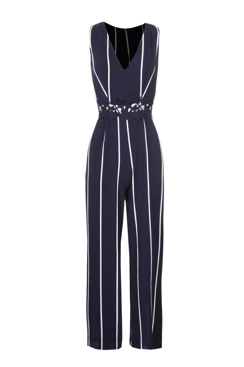 Navy Striped Crochet Detail Flared Leg Jumpsuit - Image 4