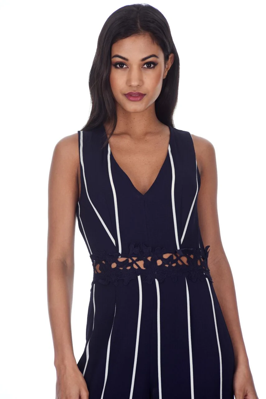 Navy Striped Crochet Detail Flared Leg Jumpsuit - Image 5