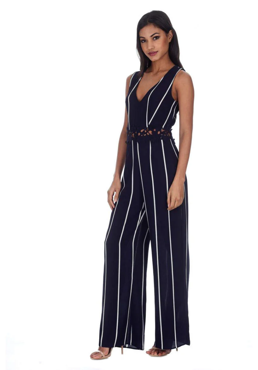 Navy Striped Crochet Detail Flared Leg Jumpsuit - Image 6
