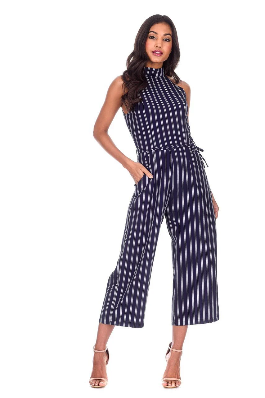 Navy Striped Culotte Jumpsuit - Image 2
