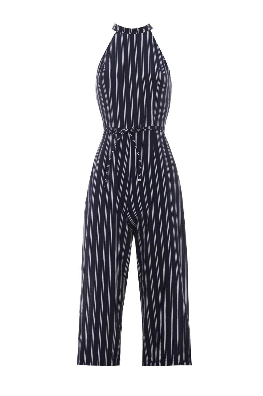 Navy Striped Culotte Jumpsuit - Image 4