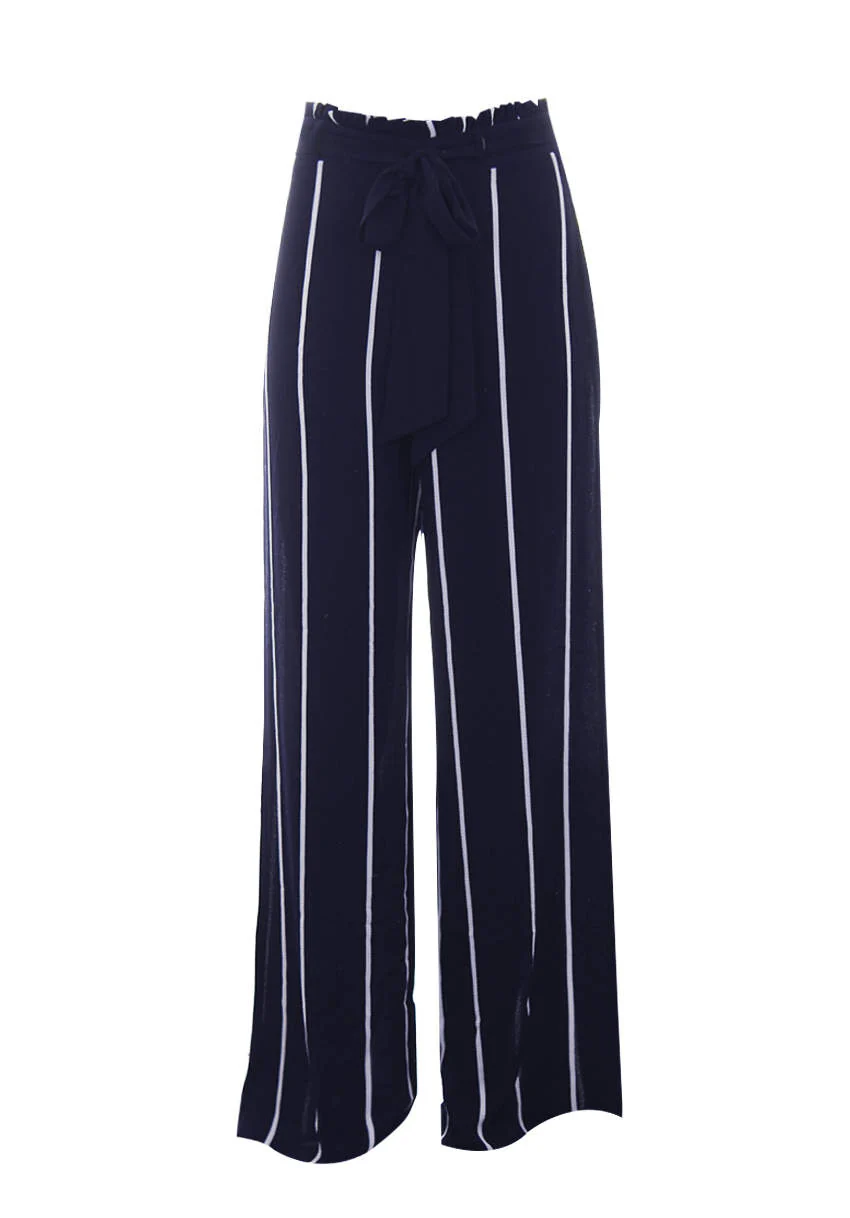 Navy Striped Flared Trousers - Image 4