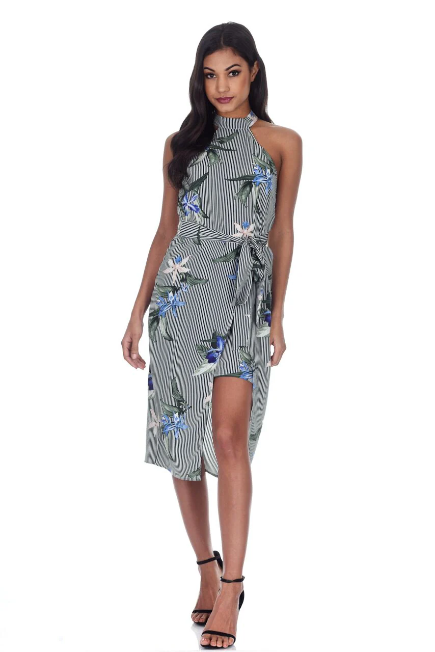Navy Striped Floral Wrap Over Choker Neck Dress - Image 2