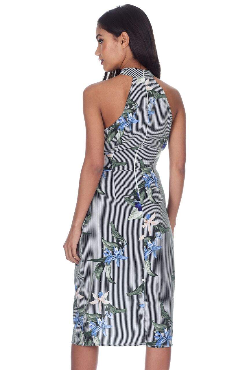 Navy Striped Floral Wrap Over Choker Neck Dress - Image 3