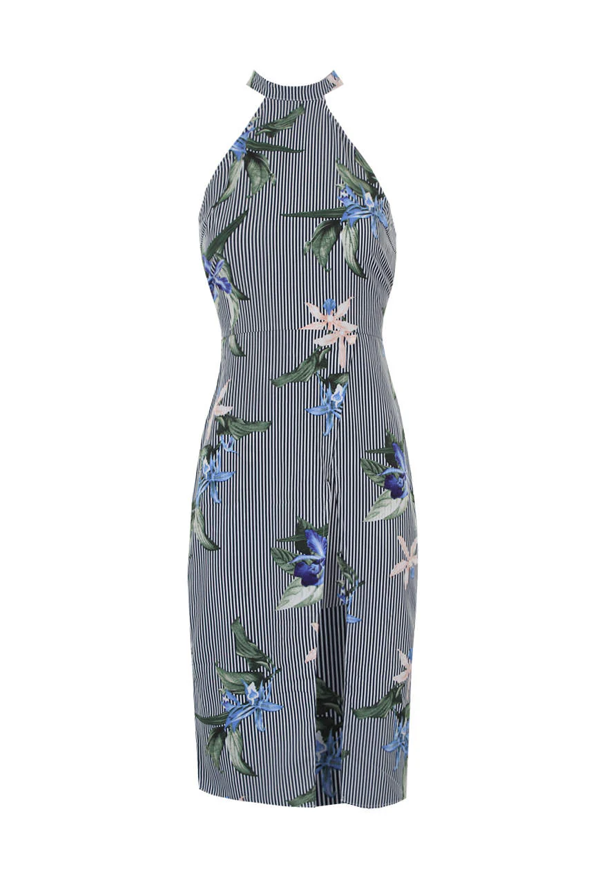 Navy Striped Floral Wrap Over Choker Neck Dress - Image 4