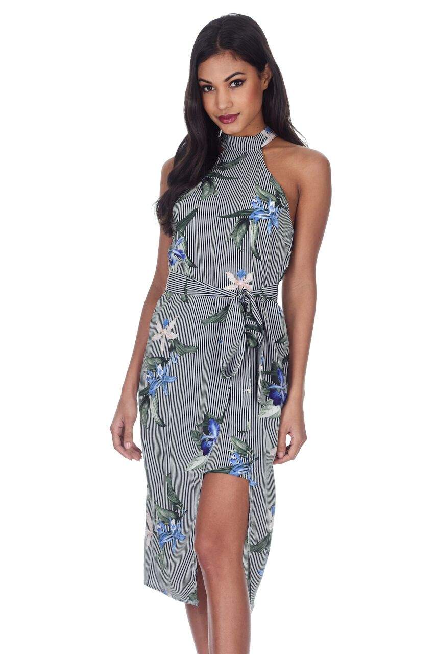 Navy Striped Floral Wrap Over Choker Neck Dress - Image 5