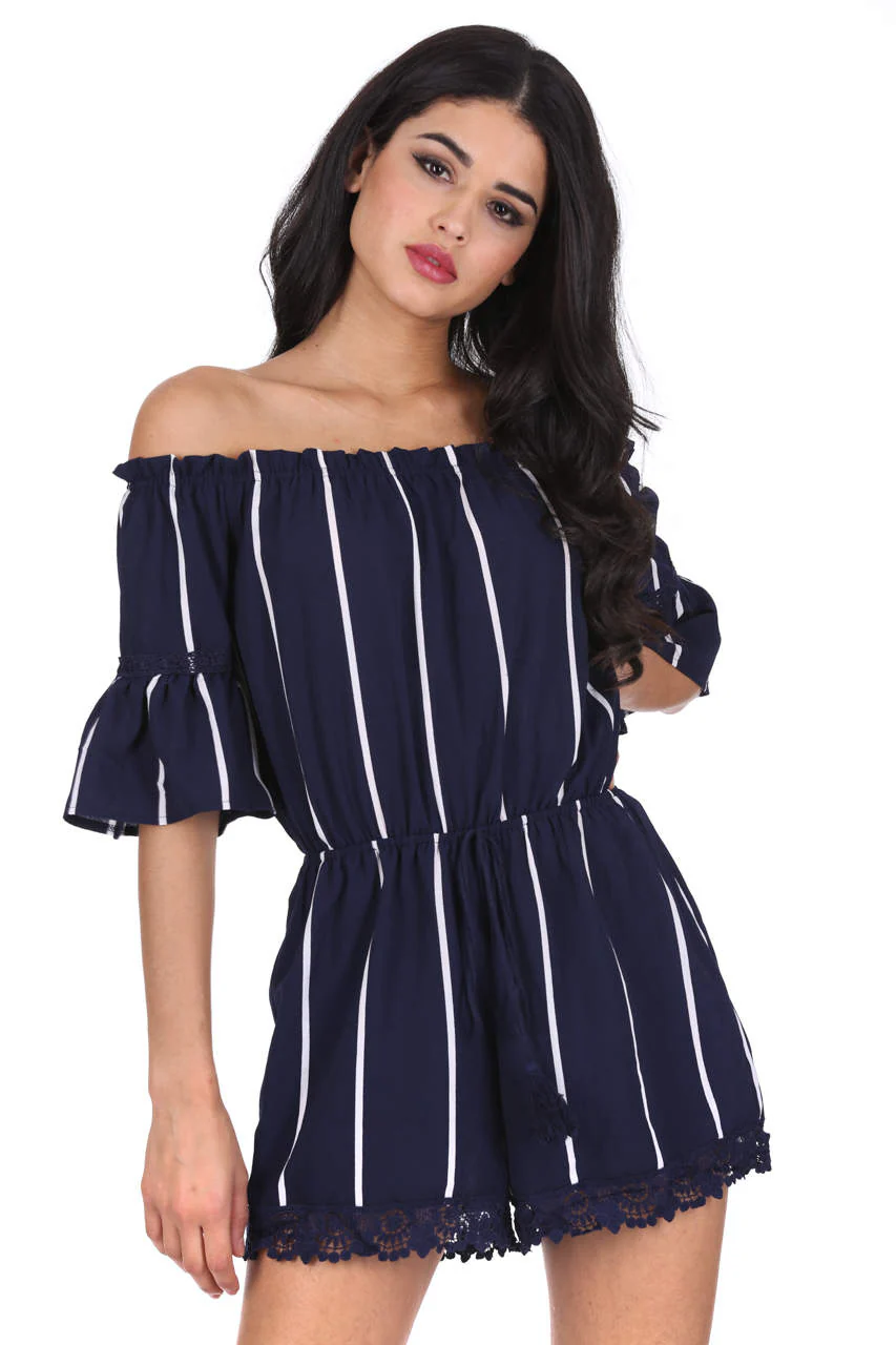 Navy Striped Off The Shoulder Bell Sleeve Playsuit - Image 2