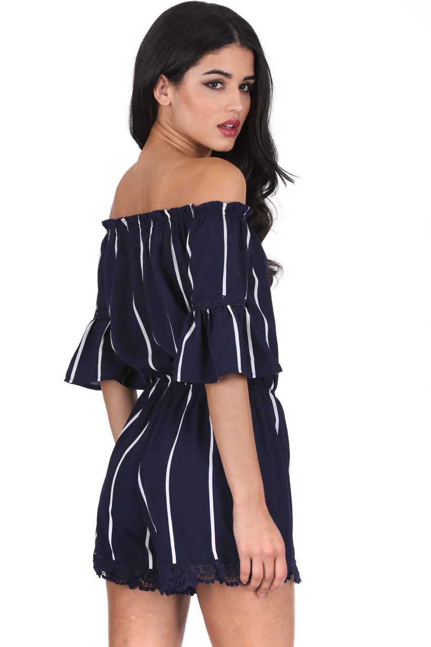 Navy Striped Off The Shoulder Bell Sleeve Playsuit - Image 4
