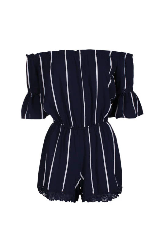 Navy Striped Off The Shoulder Bell Sleeve Playsuit - Image 5