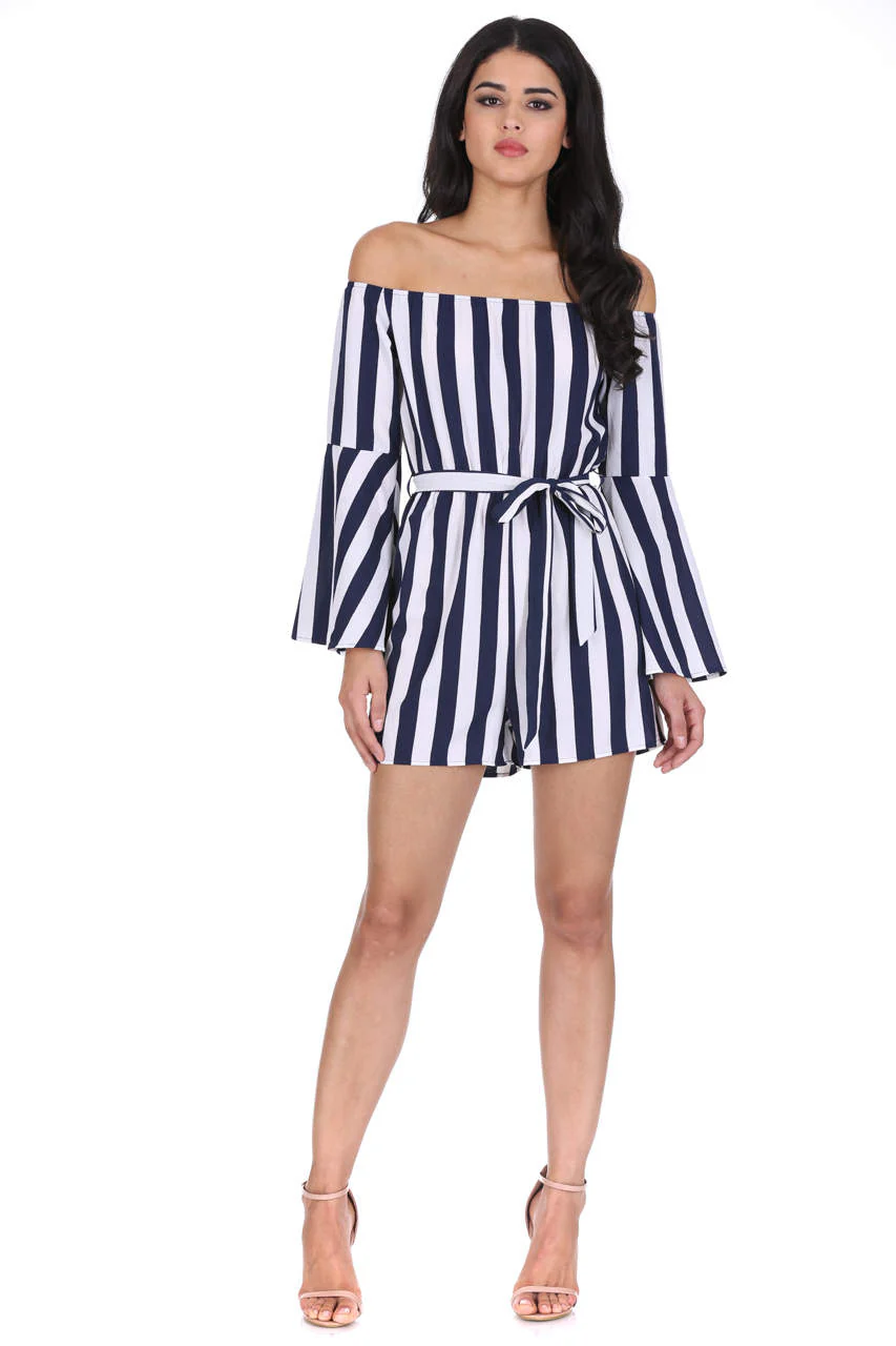 Navy Striped Off The Shoulder Playsuit - Image 2