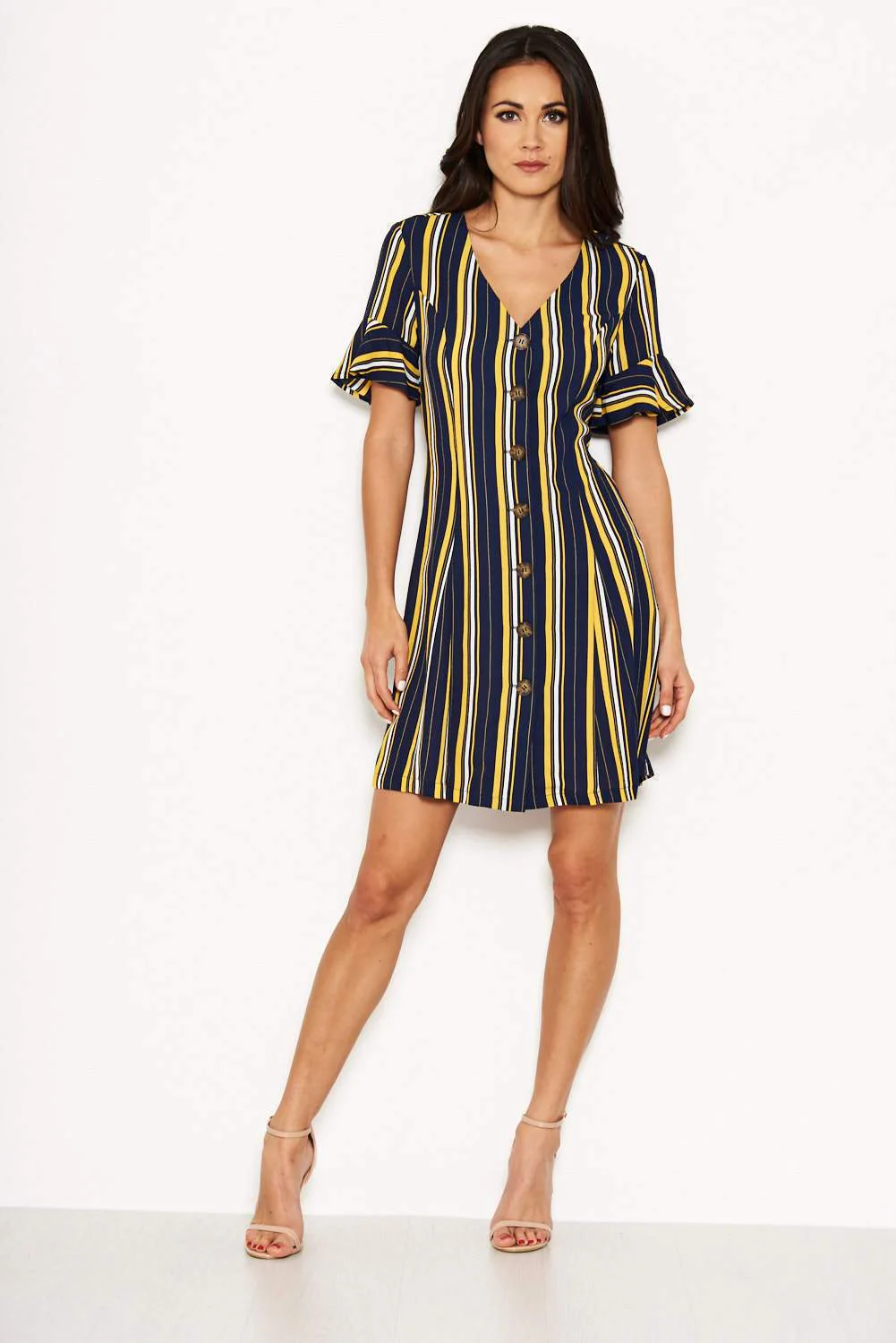 Navy Striped Print Button Up Midi Dress - Image 2