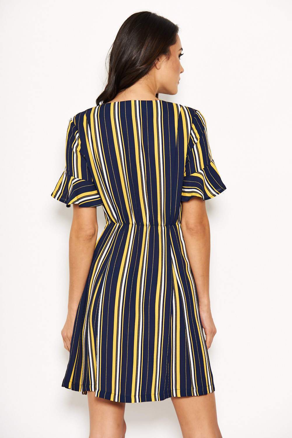 Navy Striped Print Button Up Midi Dress - Image 3