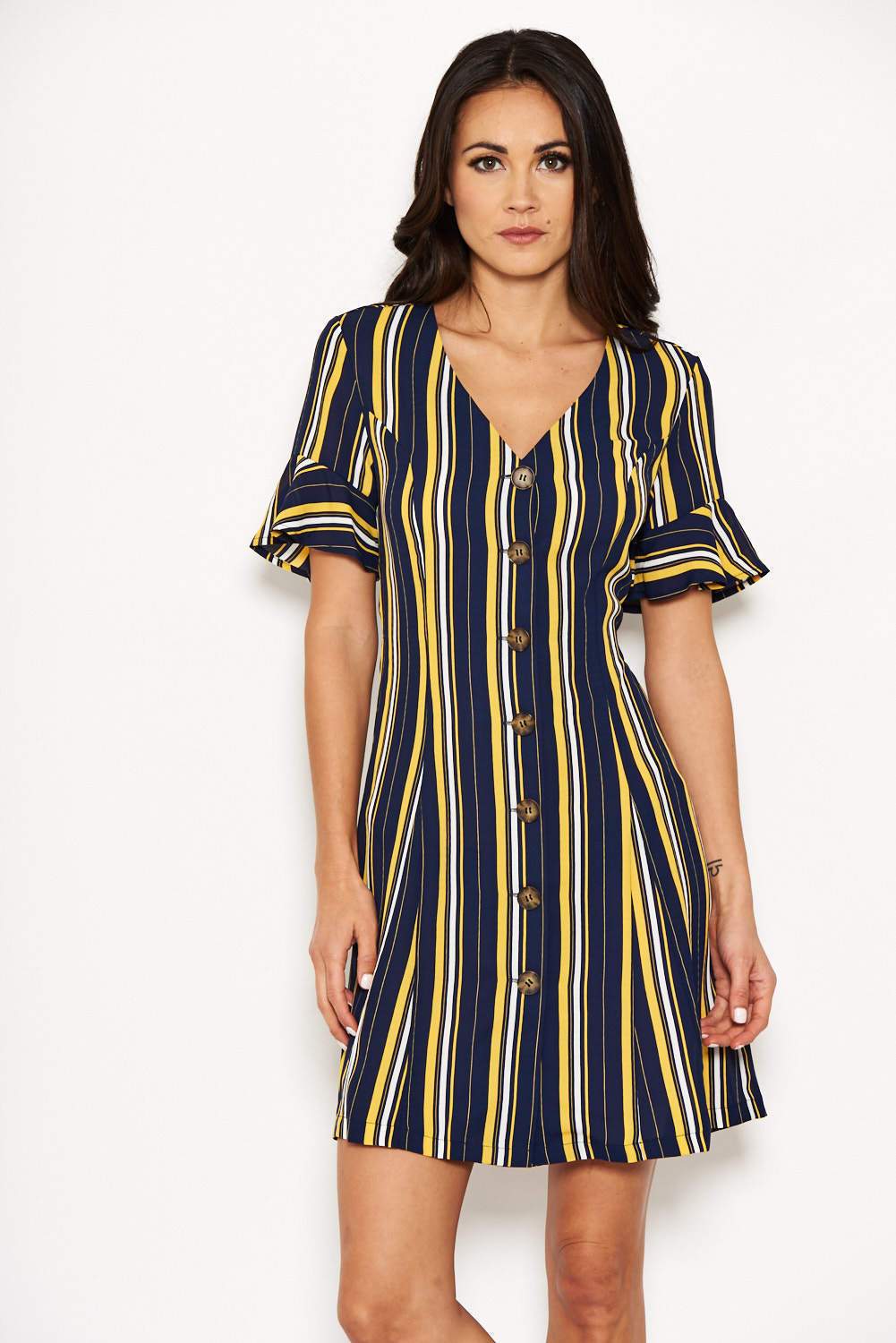Navy Striped Print Button Up Midi Dress - Image 4