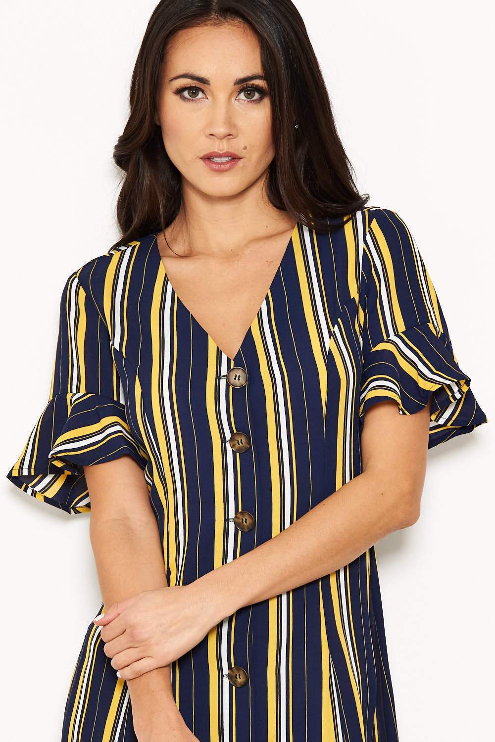 Navy Striped Print Button Up Midi Dress - Image 5