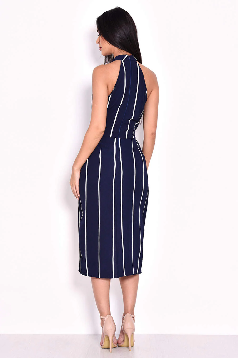 Navy Striped Tie Waist Dress - Image 3