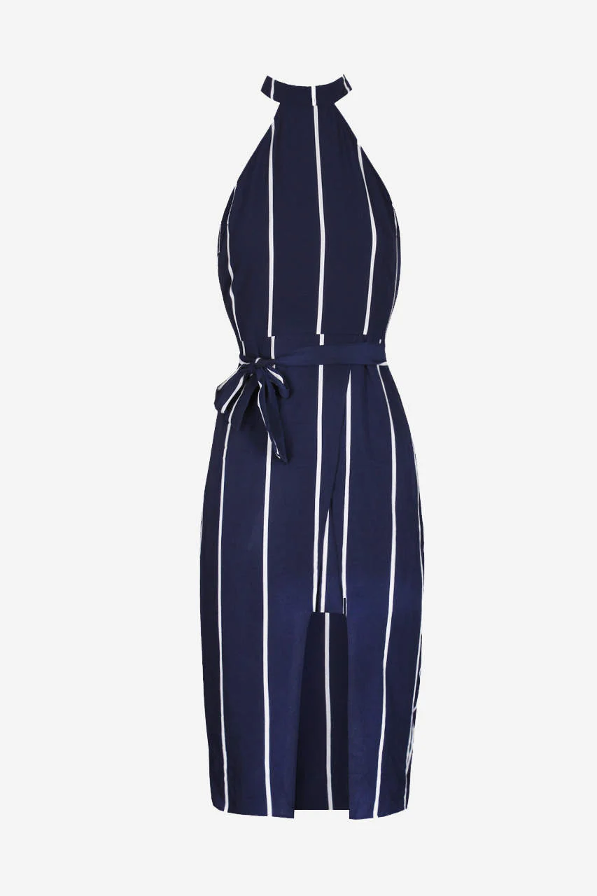 Navy Striped Tie Waist Dress - Image 5
