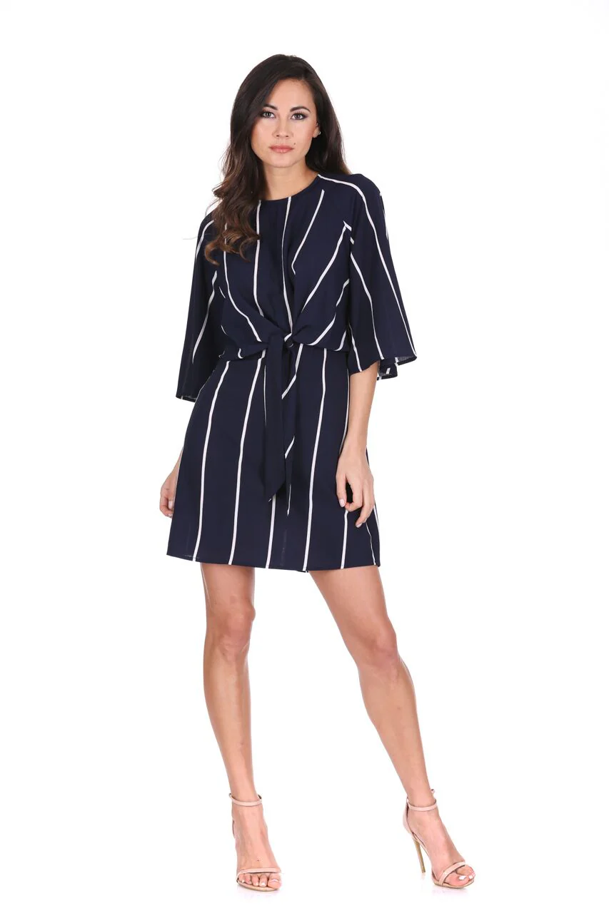 Navy Striped Tie Waist Mini Dress - Image 2