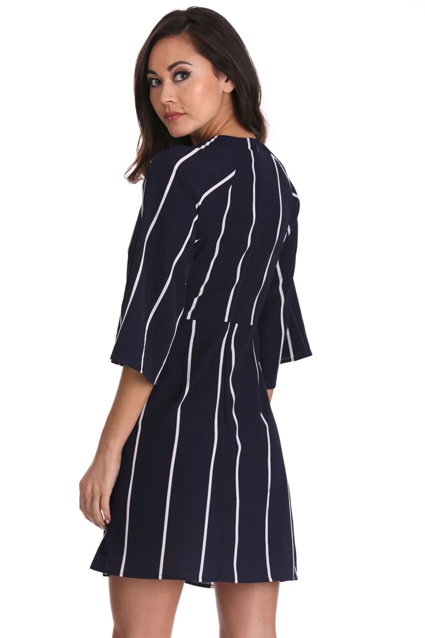 Navy Striped Tie Waist Mini Dress - Image 3