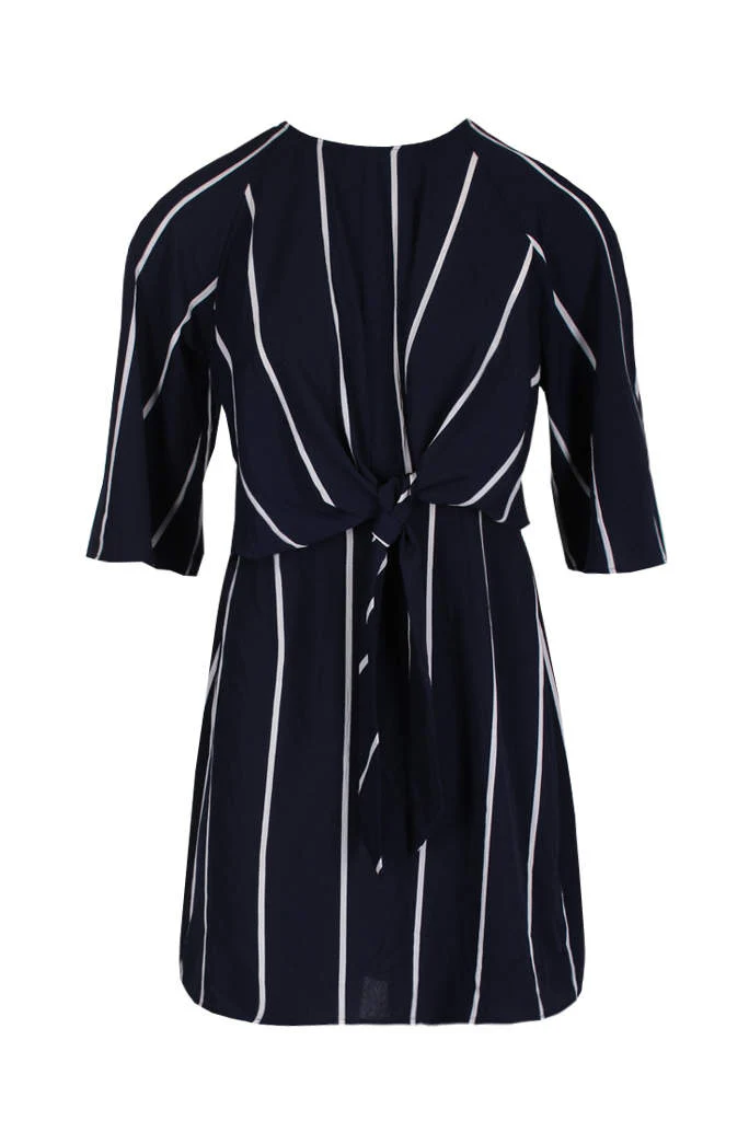 Navy Striped Tie Waist Mini Dress - Image 4