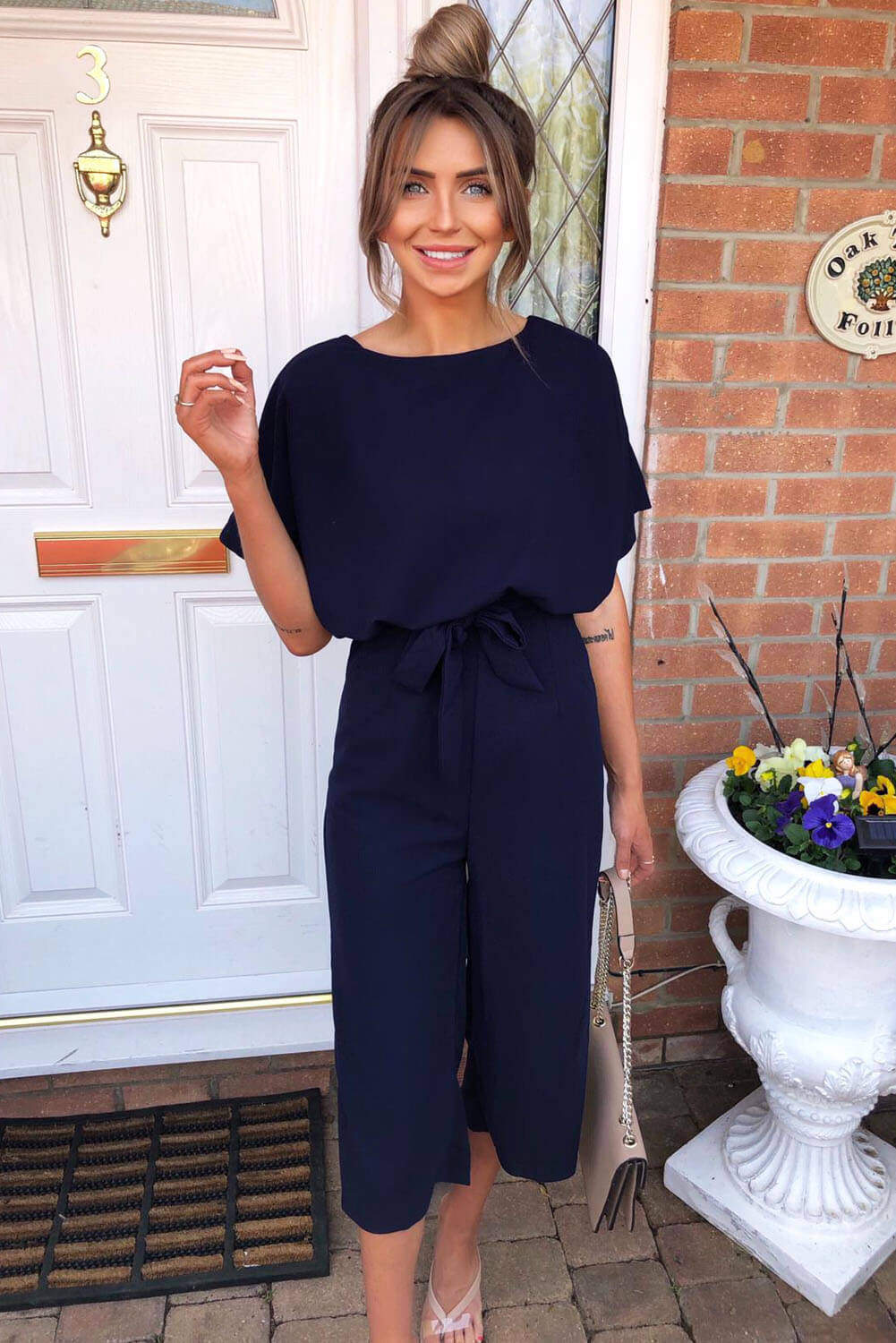 Navy Tie Waist Culotte Jumpsuit - Image 2