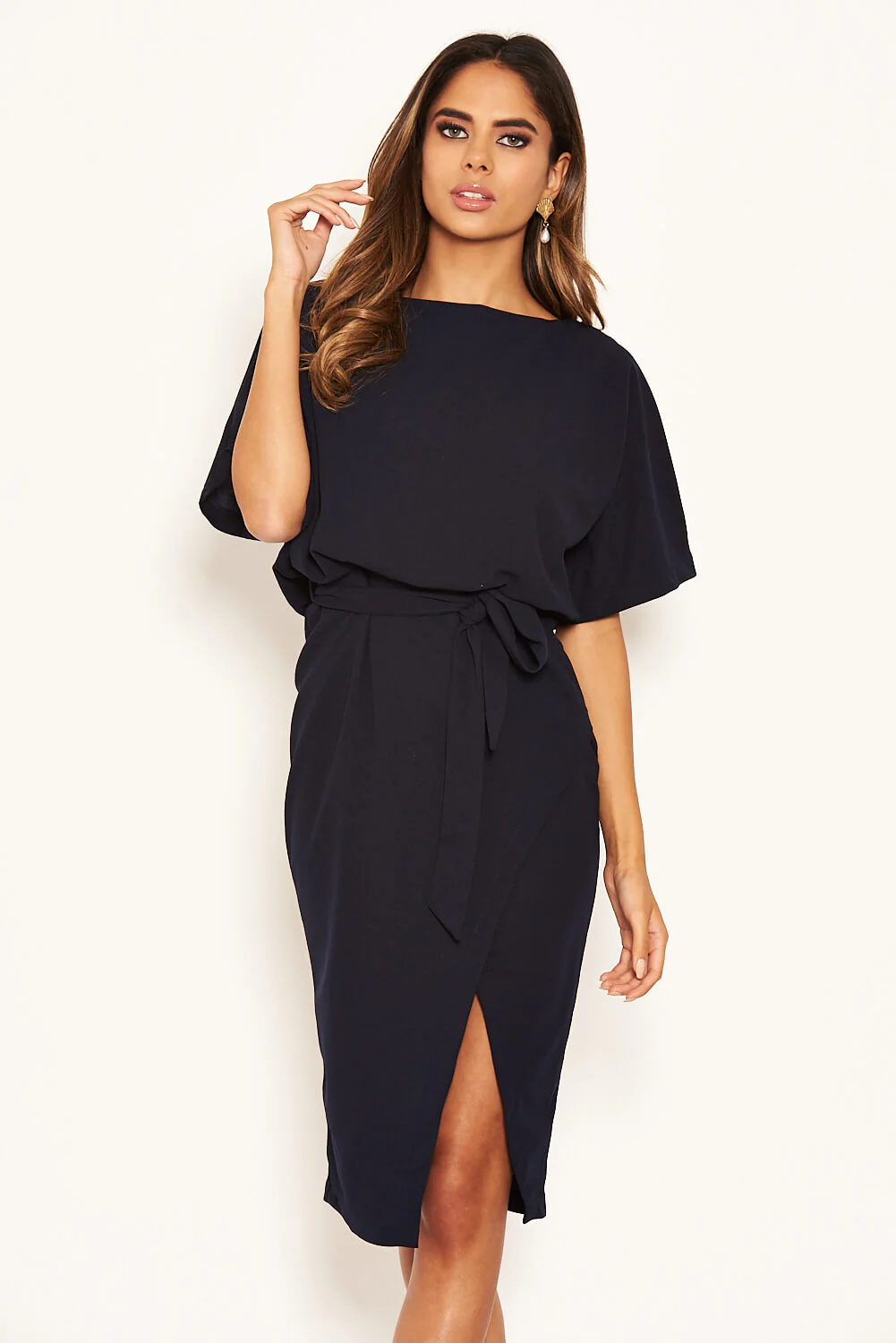 Navy Tie Waist Midi Dress - Image 3