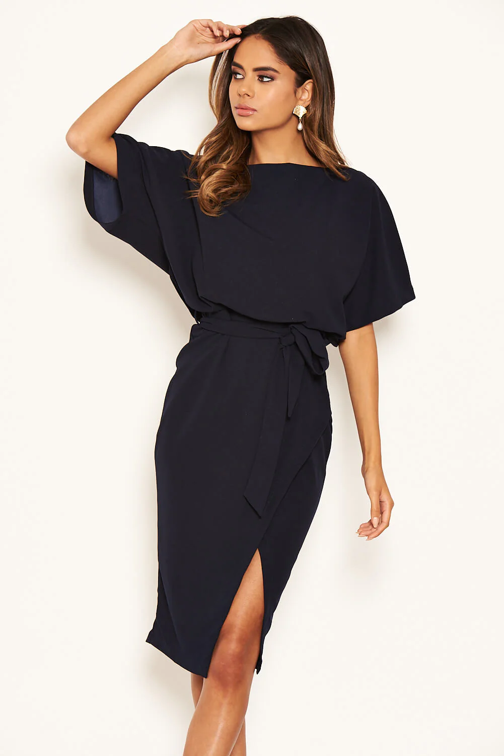 Navy Tie Waist Midi Dress - Image 4